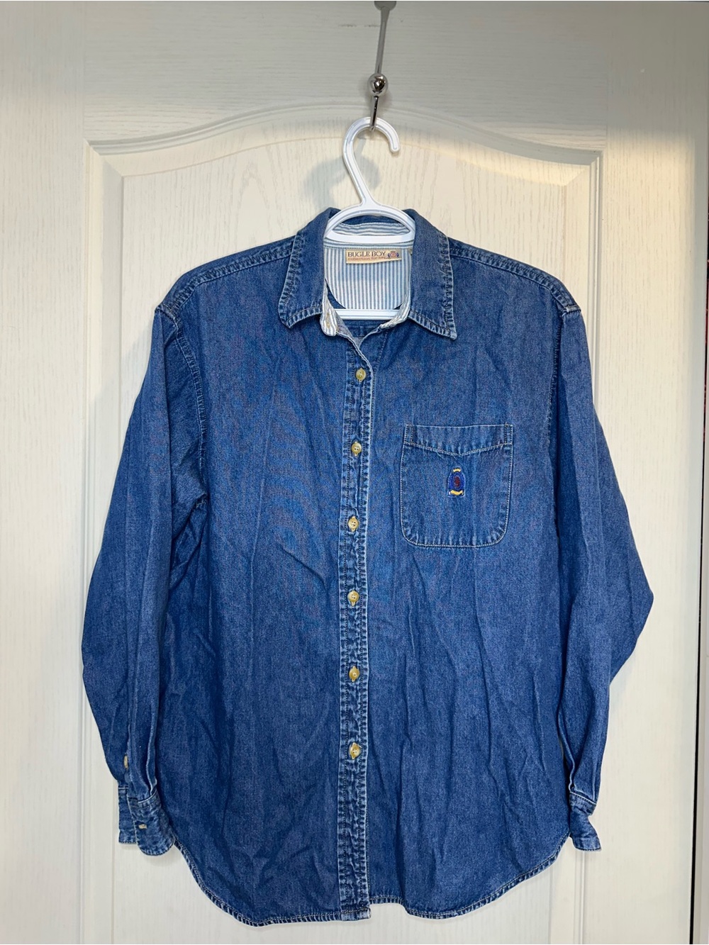 Vintage Bugle Boy For Her Denim Button-Up Shirt with Small Embroidered crest M